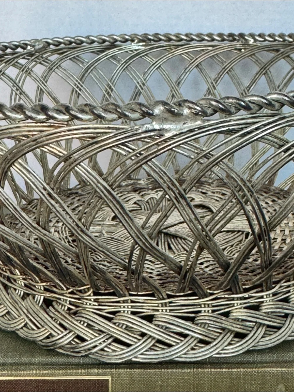 Vintage Silver Woven Wire Basket with Handle Decorative Home Accent
